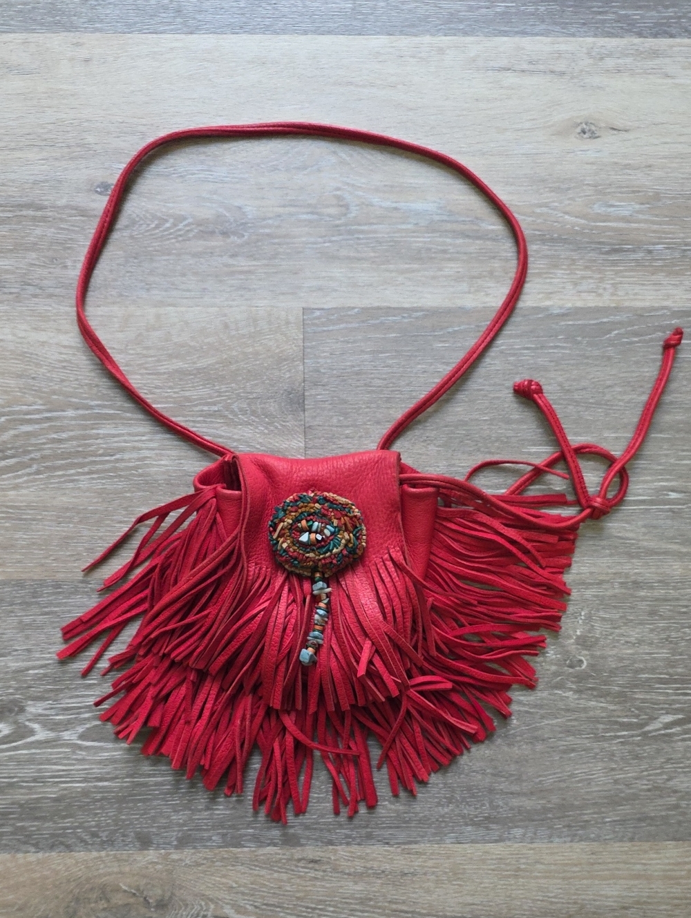 Boho Southwestern Leather Fringe Crossbody Medicine Bag Pouch w/ Beaded Emblem